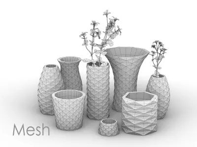 Concrete flower vase set 3D model