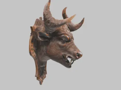Carved Wooden Bull Head Wall Mount Low-poly 3D model