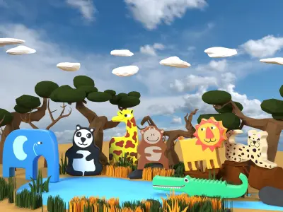 WOODEN ANIMALS SAVANNAH Low-poly 3D model