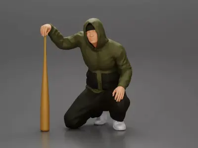 gangster homie in hoodie sitting holding a baseball bat 3D print model