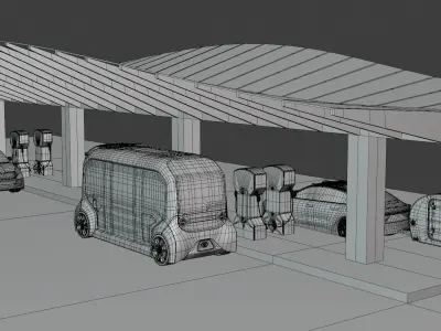Charging station with cars and minibus 3D model