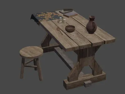 Medieval Wood Table with environment - Game ready 3D model Low-poly 3D model