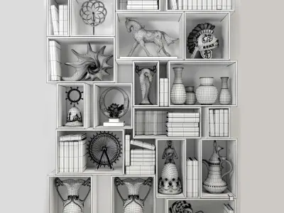 Shelf collection bookcase filled with books and statues 3D model