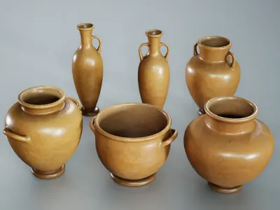 Set of 6 Clay Pots Low-poly 3D model