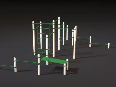 Workout 5 wooden playground set with poles 3D model