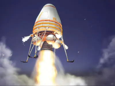Low-poly Spaceship rocket taking off in sky Low-poly 3D model