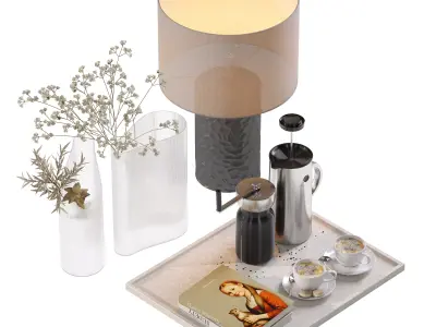 Coffee set 15 - tray pot cup books bouquet pot lamp 3D model