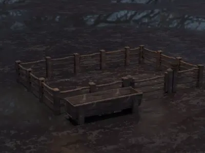 Wooden Fence Trough Gate and Bucket Low-poly 3D model