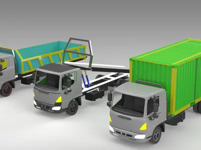 3 Trucks 3D Model  Dump Truck Container Carrier Flatbed Loader 3D model