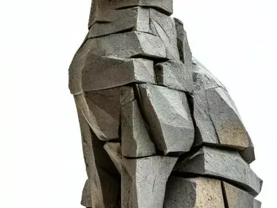 Stone Cat Sculpture Geometric Feline Art Faceted Design Low-poly 3D model