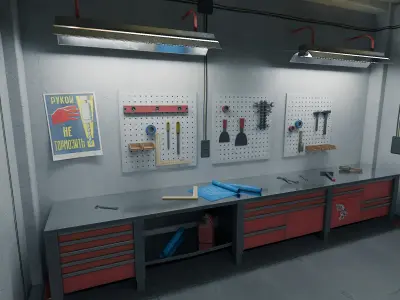 Auto Workshop interier optimized Free low-poly 3D model