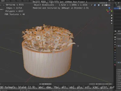 Concrete Pot 1500mm with Red Flowers Version 1 Low-poly 3D model