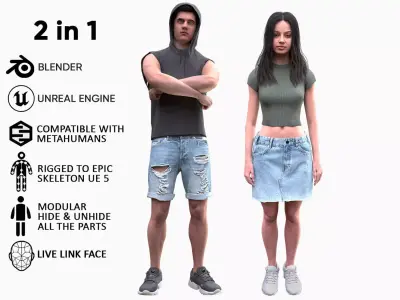 Mens and Womens Summer Outfits  - Modular - Rigged 3D Model Collection