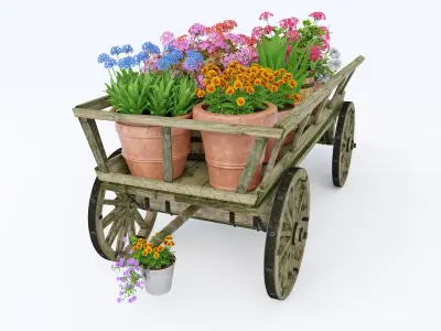 wooden cart flower pot 3D model