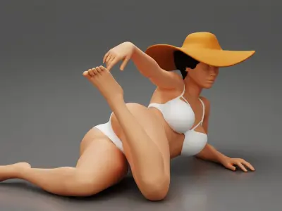 Sexy girl in bikini lying on the beach with hat 3D print model