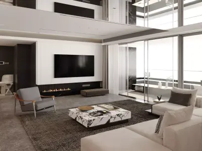 Modern Luxury Open-Plan Living Room with Marble Kitchen Island 3D model