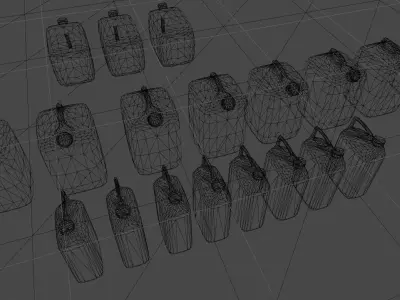 PBR Canisters three different colored water cans on sidewalk Low-poly 3D model