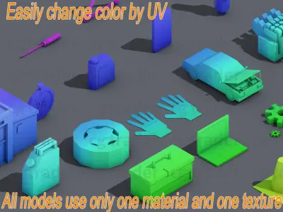 Low Poly Car Service Engine Repair Isometric Low-poly 3D model