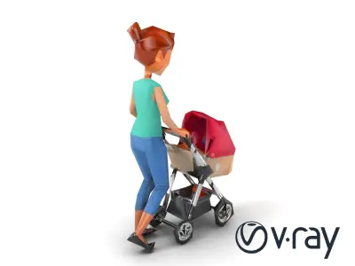 Cartoon Woman with Stroller Character model pack Low-poly 3D model