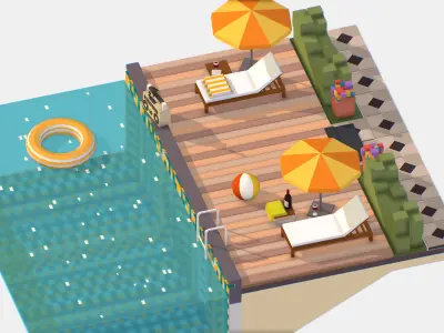 Relax pool on the sun loungers Low-poly 3D model