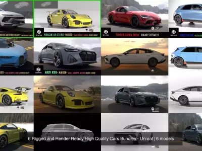 6 Rigged and Render Ready High Quality Cars Bundles - Unreal 3D Model Pack
