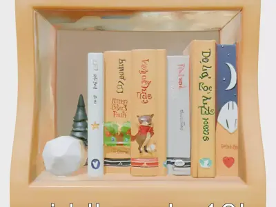 Curved Bookshelf Model with Storybook Collection Low-poly 3D model