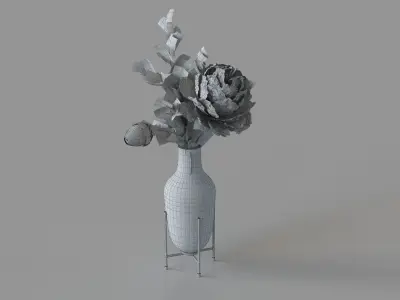 Peony In Glass Vase With Brass Stand Cream 3D model