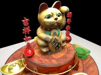 Chinese lucky cat and yuan bao 3D model