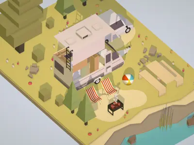 isometric camping van car with barbecue on nature Low-poly 3D model