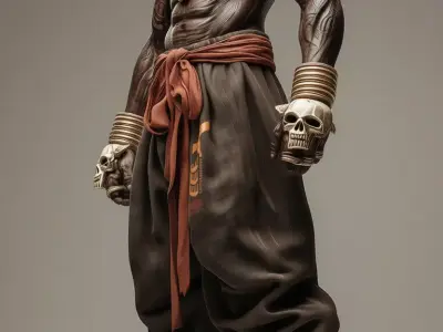 Muscular Warrior with Skull Fantasy Tribal Fighter 3D Low-poly 3D model