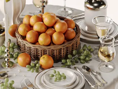 Elegant Dining Table with White Lilac Flowers and Fruit Basket 3D model