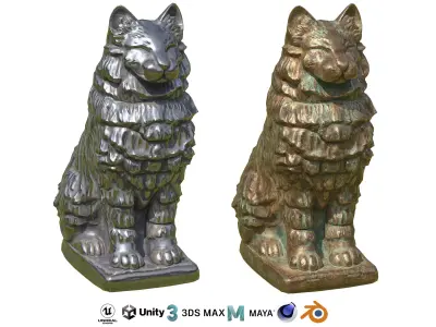 Furred cat metal statues Low-poly 3D model