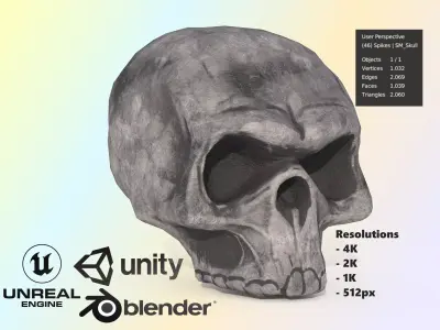 Realistic Human Skull Game-Ready Low-Poly PBR 3D Model Low-poly 3D model