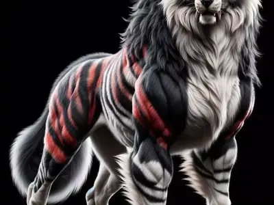 Fantasy Tiger Wolf Hybrid Red Stripes Glowing Eyes 3D Low-poly 3D model