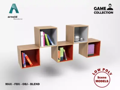 Shelf with books Low-poly 3D model