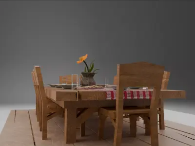 Wooden Dining Table And Chairs with Cloth  Game Ready 3D Model Free 3D model