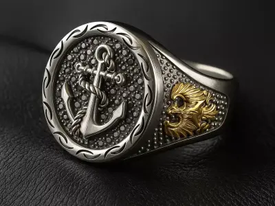 Luxury Anchor and Rope Signet Ring 3D Model Printable 3D print model