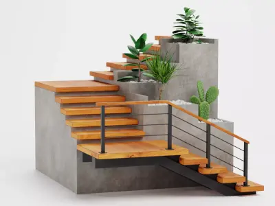 Staircase Corner with Plants - Modular Interior Stairs  Low-poly 3D model