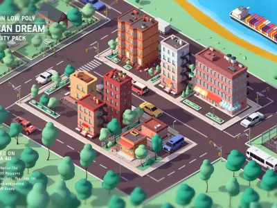 Cartoon Low Poly American Dream City Pack Low-poly 3D model