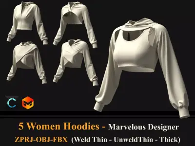 5 Women Cropped Hoodies 3D model