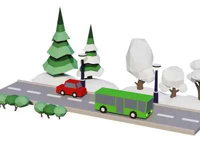 Street Set Lowpoly 3d model bus driving on road with trees Low-poly 3D model