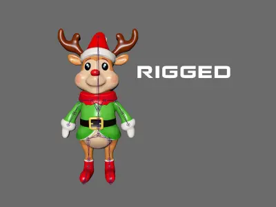 3D Cartoon Reindeer Christmas Animated in Festive Attire  Low-poly 3D model