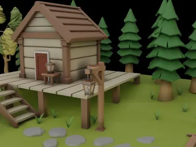 Low poly House in forest Free low-poly 3D model