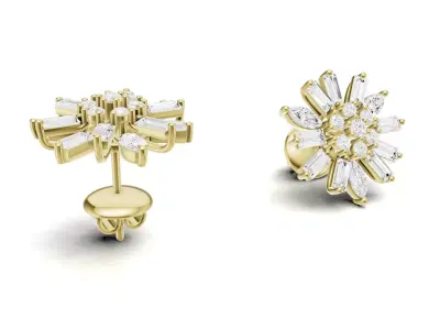 Floral Sapphire And Diamond Stud Earrings With Baguette 3D print model