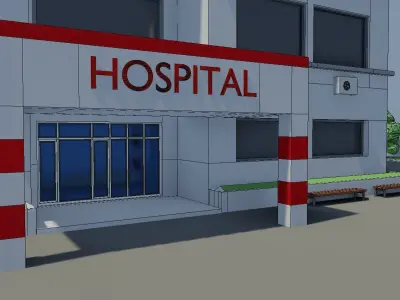 Low poly Hospital building with car Low-poly 3D model