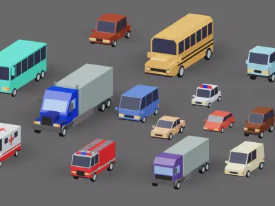 Cars trucks and buses Low-poly 3D model