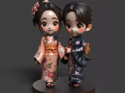 Chinese couple  doll  figure  Low-poly 3D model