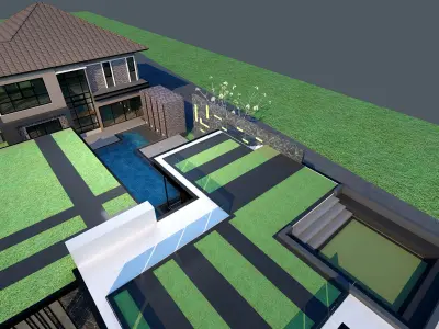 HQ Luxury Modern Pool Villa design with Bar Rooftop party area 3D model