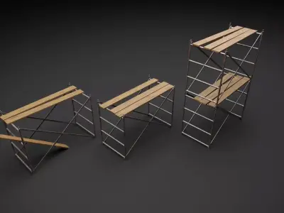 Low Poly Scaffoldings three wooden ladders 3D model