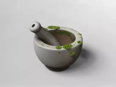 Realistic Stone Mortar and Pestle with Moss Detail 3D model